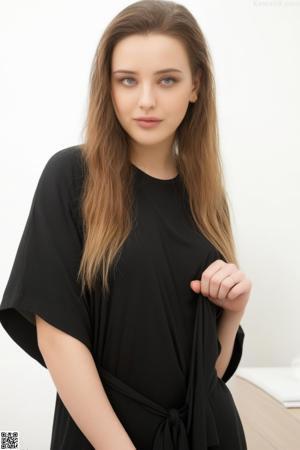 A young woman in a black lingerie sitting on a bed.