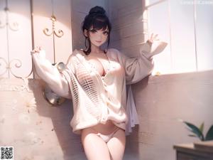 A naked anime girl standing in a kitchen.