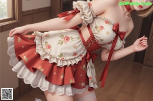 A girl in a red and white dress is posing for a picture.