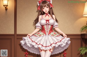 A girl in a red and white dress is posing for a picture.