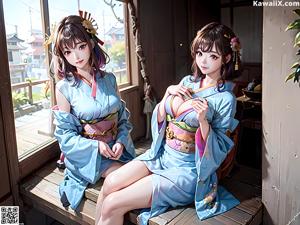 A woman in a kimono sitting on a bed.