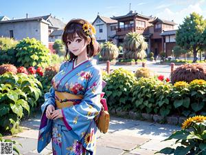 A woman in a blue kimono sitting on a wooden bench.
