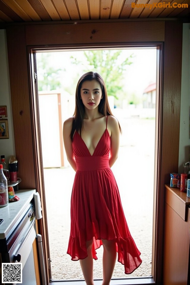 A woman in a red dress standing in a kitchen.