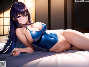 Anime girl with pink hair sitting on a bed.