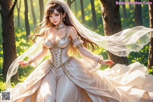 A woman in a white dress standing in a forest.