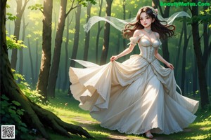 A woman in a white dress standing in a forest.