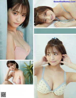 A woman in a white bra and panties posing on a bed.