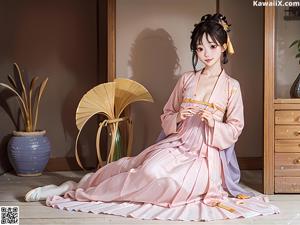 A woman in a pink and blue dress sitting on a bed.