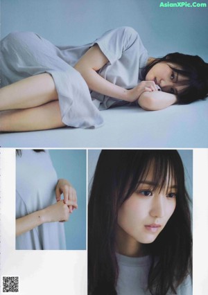 A magazine spread with a picture of a woman with her hand on her chin.