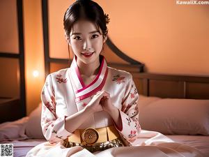 A woman in a white and pink hanbok poses for a picture.