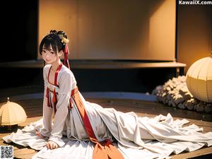 A woman in a white kimono sitting on a bed.