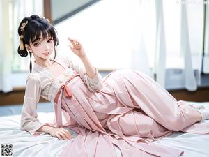 A woman in a white kimono is posing for a picture.
