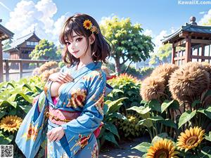 A woman in a blue kimono sitting on a wooden bench.