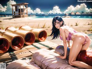 A woman in a blue bikini laying on a beach.