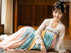 A woman in a blue and white hanbok is posing for a picture.