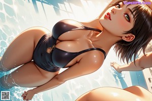 A woman in a black bathing suit standing in a pool.