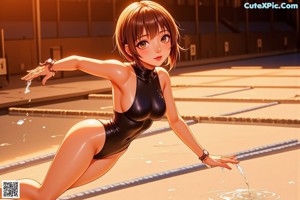 A woman in a black bathing suit standing in a pool.
