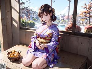 A woman in a blue kimono sitting on a wooden bench.