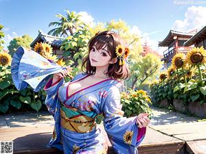A woman in a kimono holding a basket of flowers.