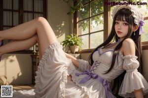 a woman in a purple and white dress sitting on a couch