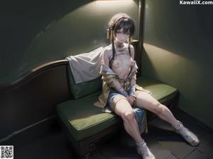 A woman sitting on a window sill in a room.