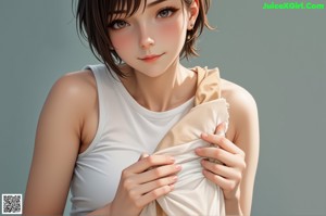 A woman in a white shirt and green skirt standing by a window.