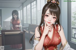 A woman in a chinese dress sitting on the floor.