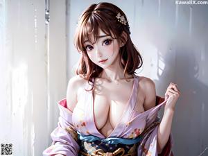 A woman in a blue kimono sitting on a wooden bench.