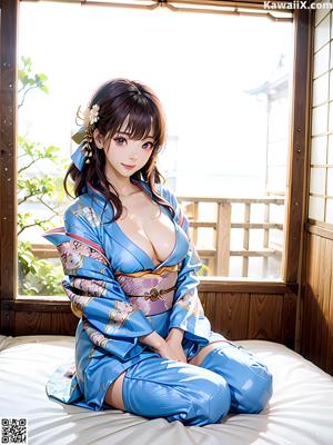 A woman in a kimono sitting on a bed.