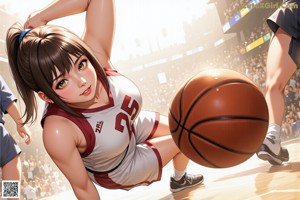 A woman in a white shirt and black shorts playing basketball.