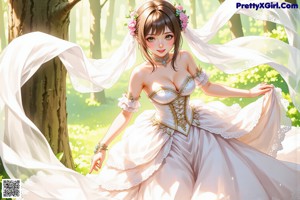 A woman in a wedding dress is walking through the woods.