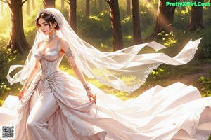 A woman in a wedding dress standing in the woods.
