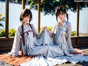 A woman in a white kimono sitting on a bed.