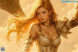 A woman in armor holding a sword in front of a city.