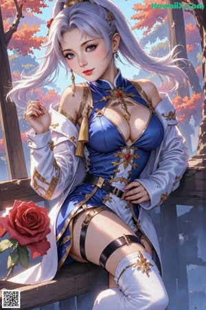 A woman in a blue and white outfit holding a sword.
