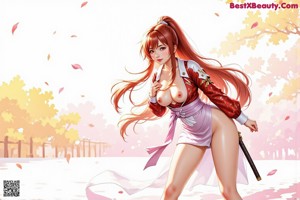 A woman in traditional attire stands under cherry blossoms, holding a sword.