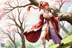 A woman in traditional attire holds a sword, surrounded by cherry blossoms and a serene landscape.