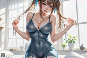 a woman in a white lingerie sitting on a bed
