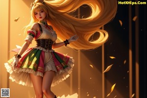 A girl with long blonde hair wearing a white dress and black boots.