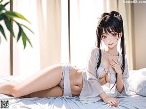 A woman in a white robe sitting on a bed.