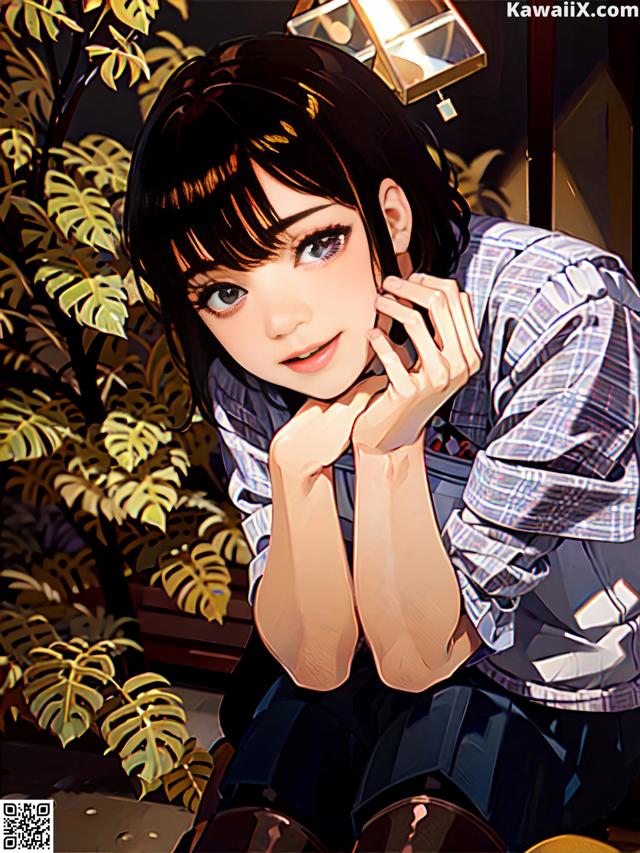 A girl sitting on the ground with her hand on her chin.