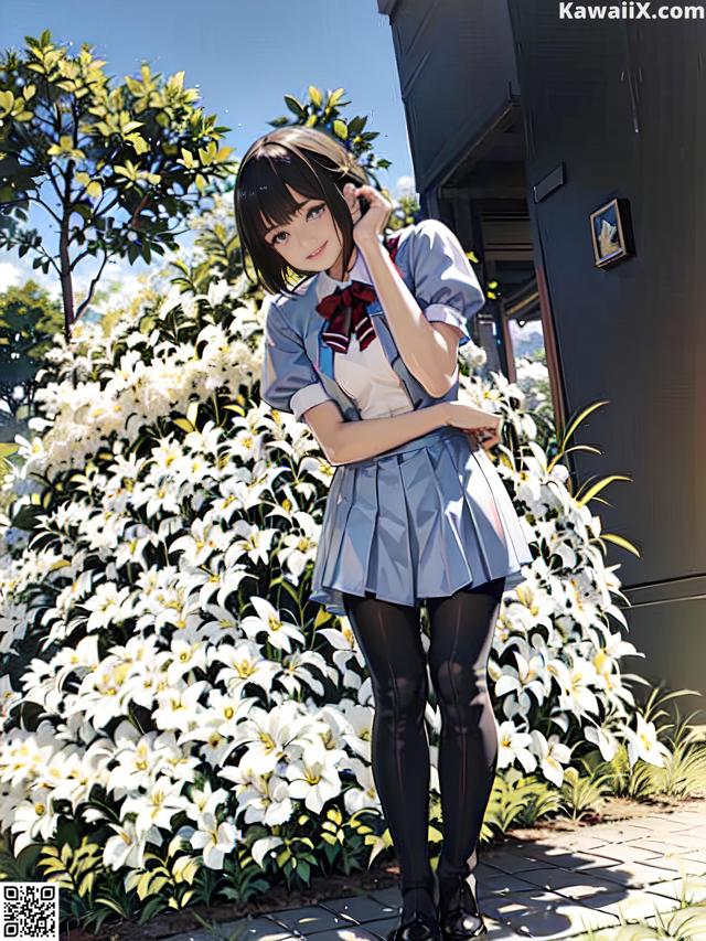 A girl in a school uniform standing in front of a bush of flowers.