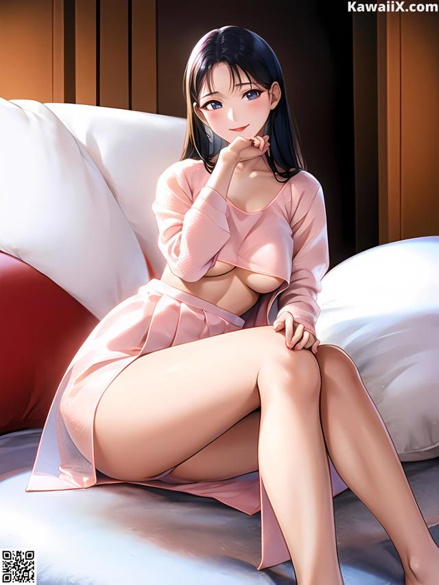 A woman sitting on top of a bed next to a pillow.
