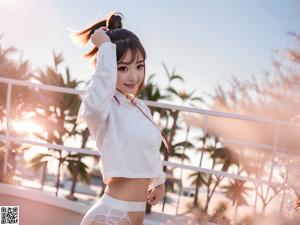 A woman sitting on top of a white bed.