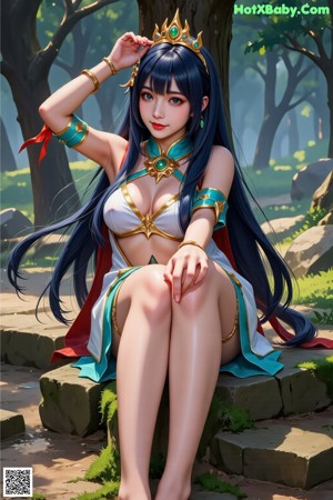 A woman with long black hair wearing a crown.