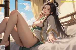 A naked woman with long black hair standing in front of a window.