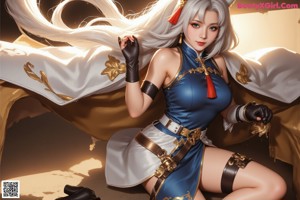 A woman in a white and blue outfit holding a sword.