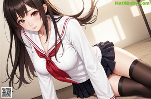 A woman in a school uniform sitting on the floor.