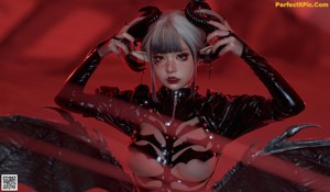 A woman in a black latex outfit is posing for the camera.