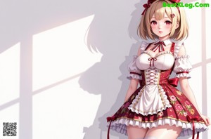 A woman in a white and red corset posing by a window.